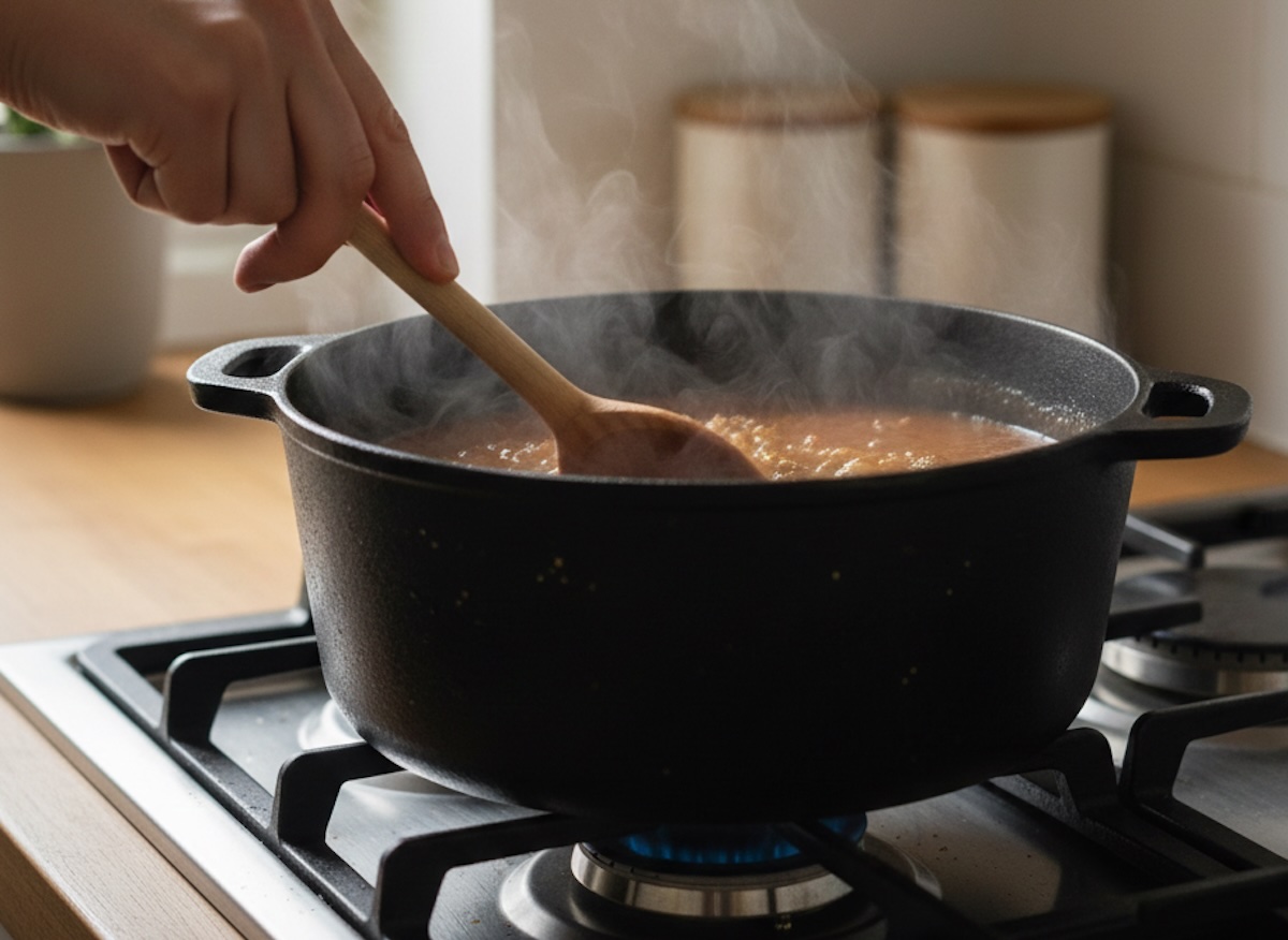 Kuchár mieša jedlo varechou v hrnci na sporáku – ukážka správneho miešania pri varení