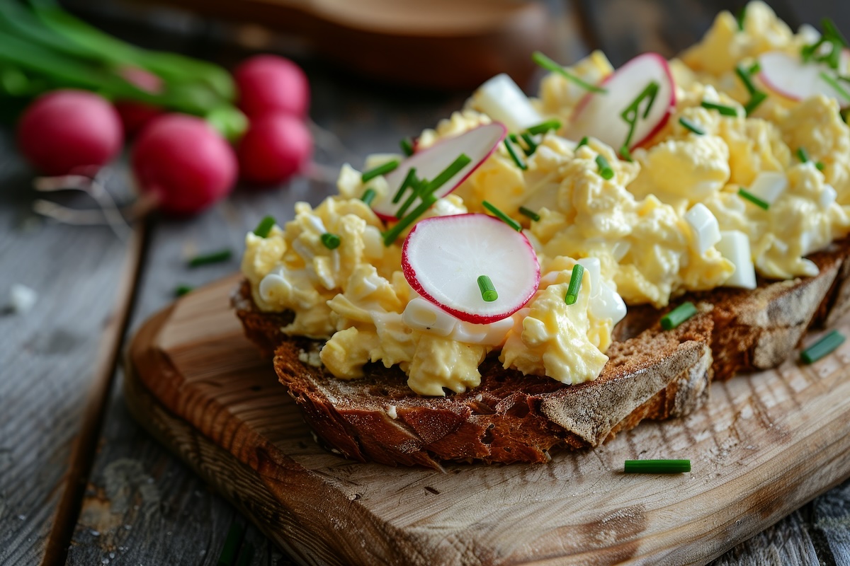 Vajíčková nátierka na chrumkavom chlebe s reďkovkou a pažítkou