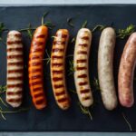 Rôzne druhy grilovaných klobás s typickými mriežkami z grilu