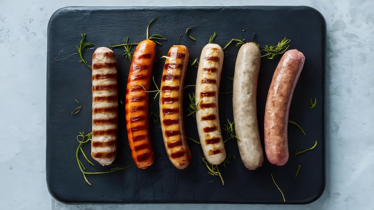 Rôzne druhy grilovaných klobás s typickými mriežkami z grilu