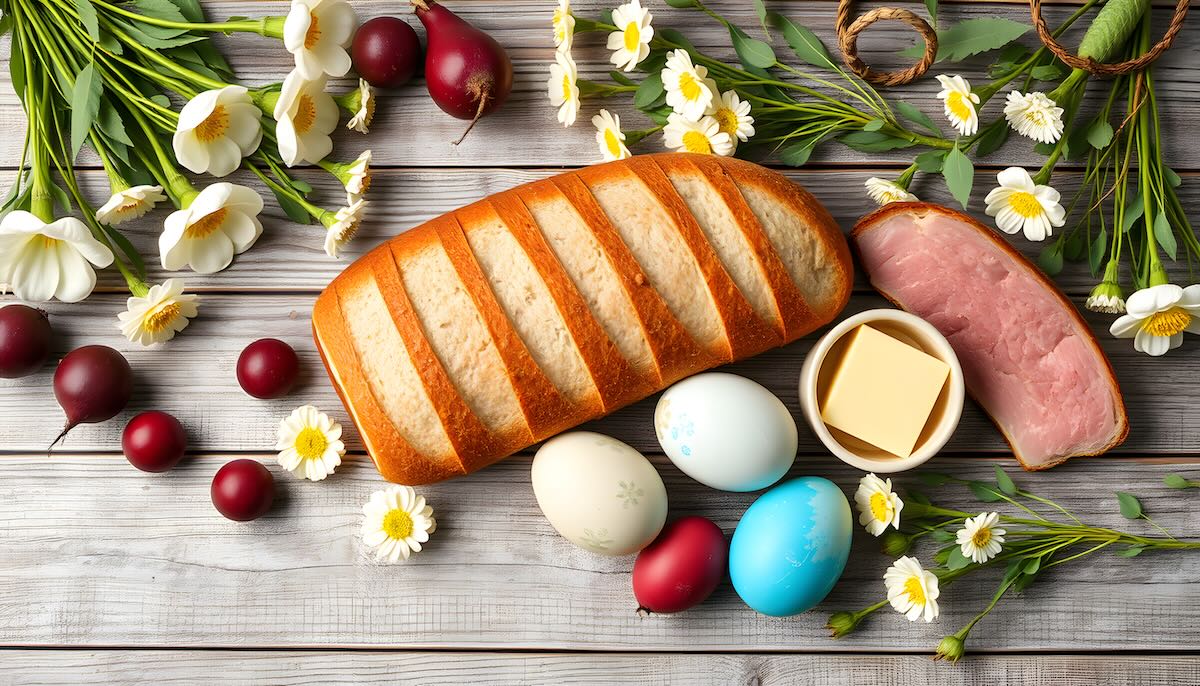 Veľkonočný stôl s chlebom, vajíčkami, šunkou, maslom a jarnými kvetmi