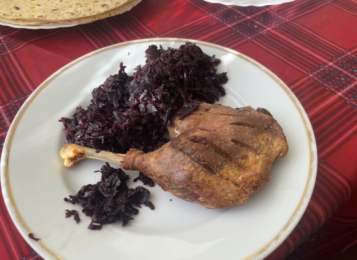 Pečená kačka s červenou kapustou a lokšou na bielom tanieri so zlatým okrajom