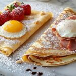 Slané plnené palacinky so šunkou a vajcom na mramorovej doske posypané práškovým cukrom