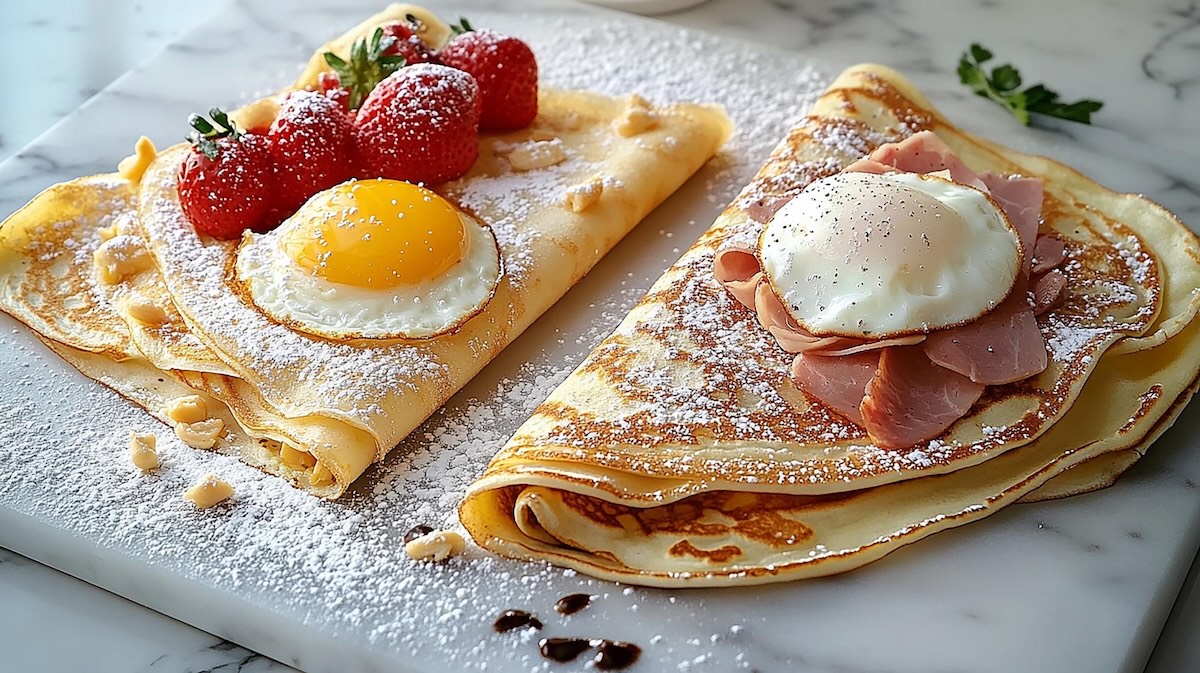 Slané plnené palacinky so šunkou a vajcom na mramorovej doske posypané práškovým cukrom