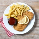 Tradičný viedenský schnitzel s hranolkami Viedenský schnitzel s hranolkami a citrónom na tanieri