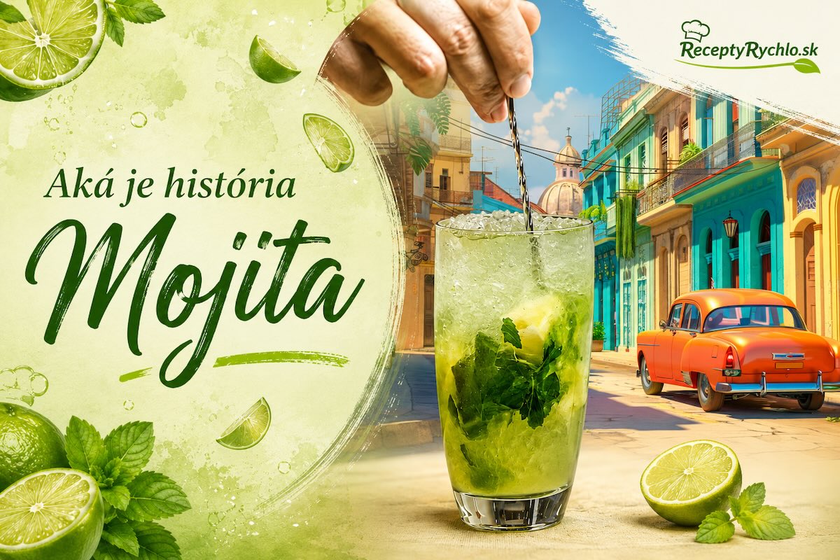 História mojita s pohárom mojita, limetkou, mätou a kubánskou ulicou v pozadí