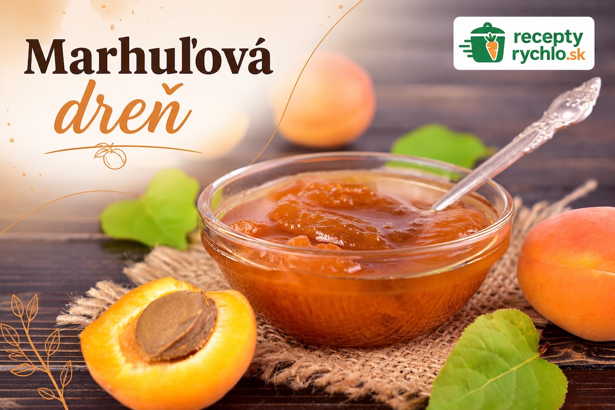 Marhuľová dreň v sklenenej miske s lyžičkou, čerstvými marhuľami a logom ReceptyRychlo.sk