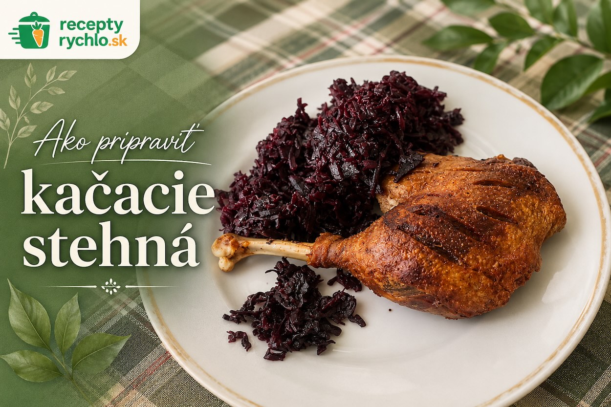 Pečené kačacie stehno s chrumkavou kožou a dusenou červenou kapustou na tanieri s logom ReceptyRychlo.sk