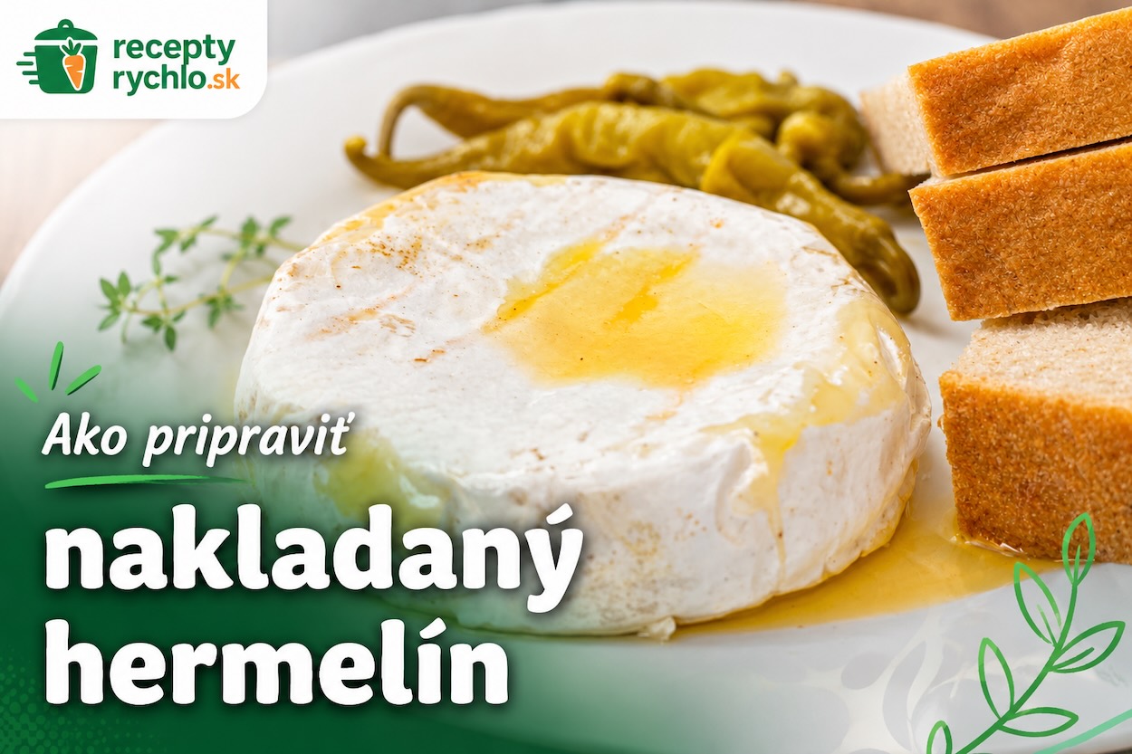 Nakladaný hermelín na tanieri s olejom, feferónkami, bylinkami, kúskami chleba a logom ReceptyRychlo.sk