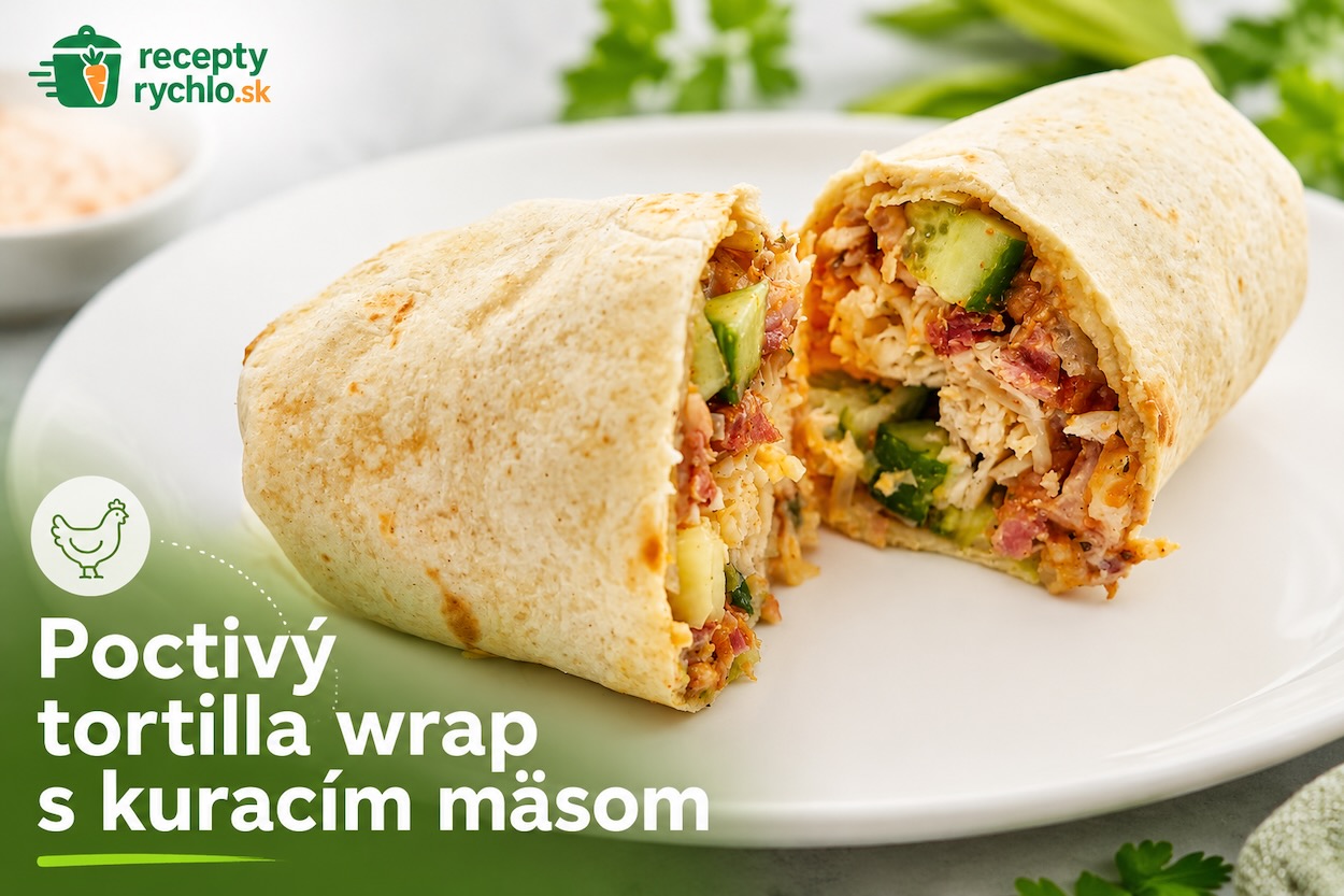Tortilla wrap s kuracím mäsom prekrojený na polovicu, naplnený kuracím mäsom, uhorkou, syrom, slaninou a zeleninou, podávaný na bielom tanieri s logom ReceptyRychlo.sk