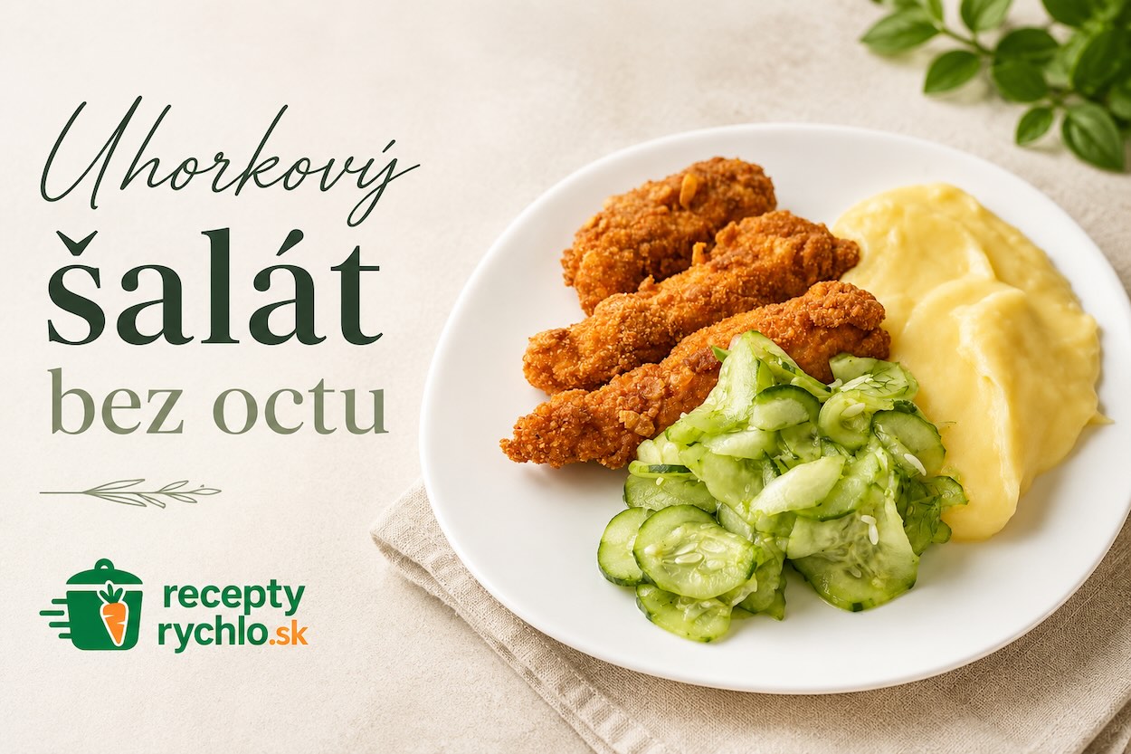 Uhorkový šalát bez octu podávaný s kuracími rezníkmi a zemiakovou kašou