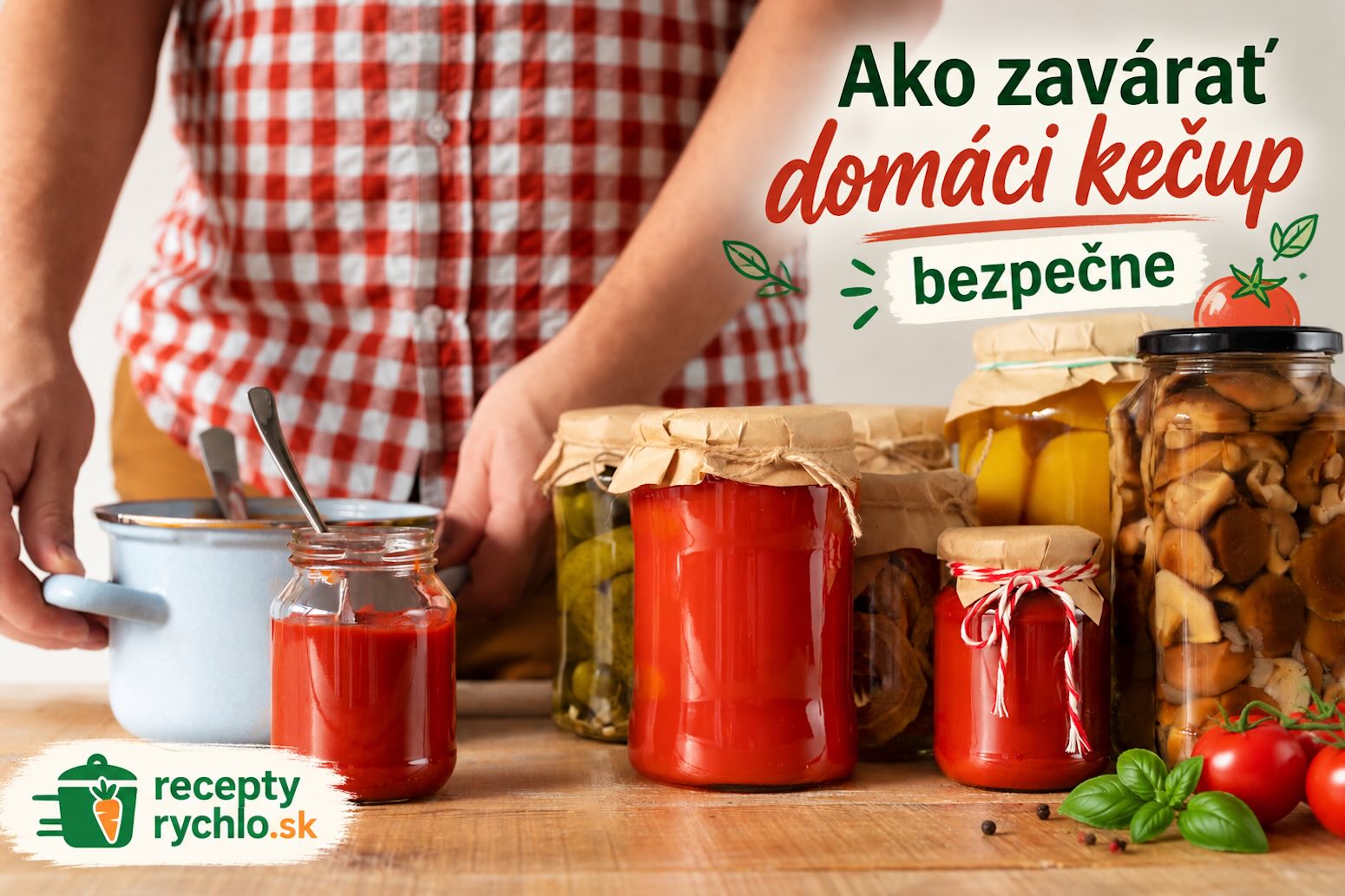 Poháre s domácim kečupom pripravené na zaváranie a dlhodobé skladovanie