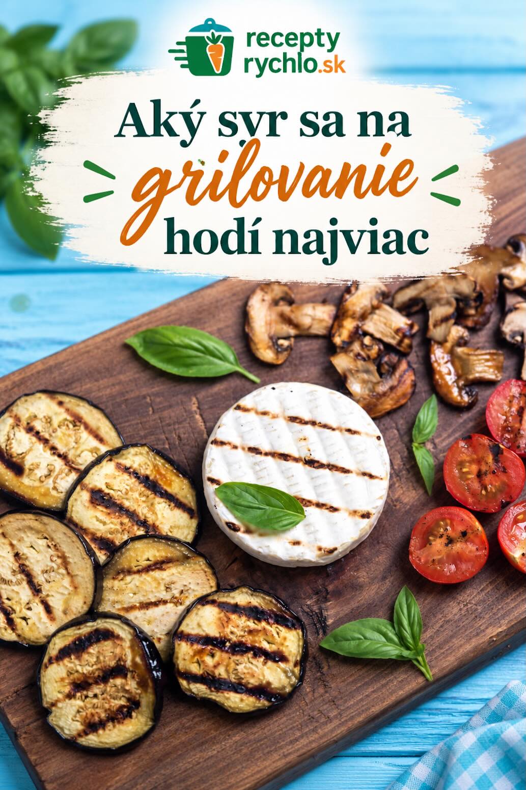 Grilovaný biely syr so zeleninou na drevenej doske