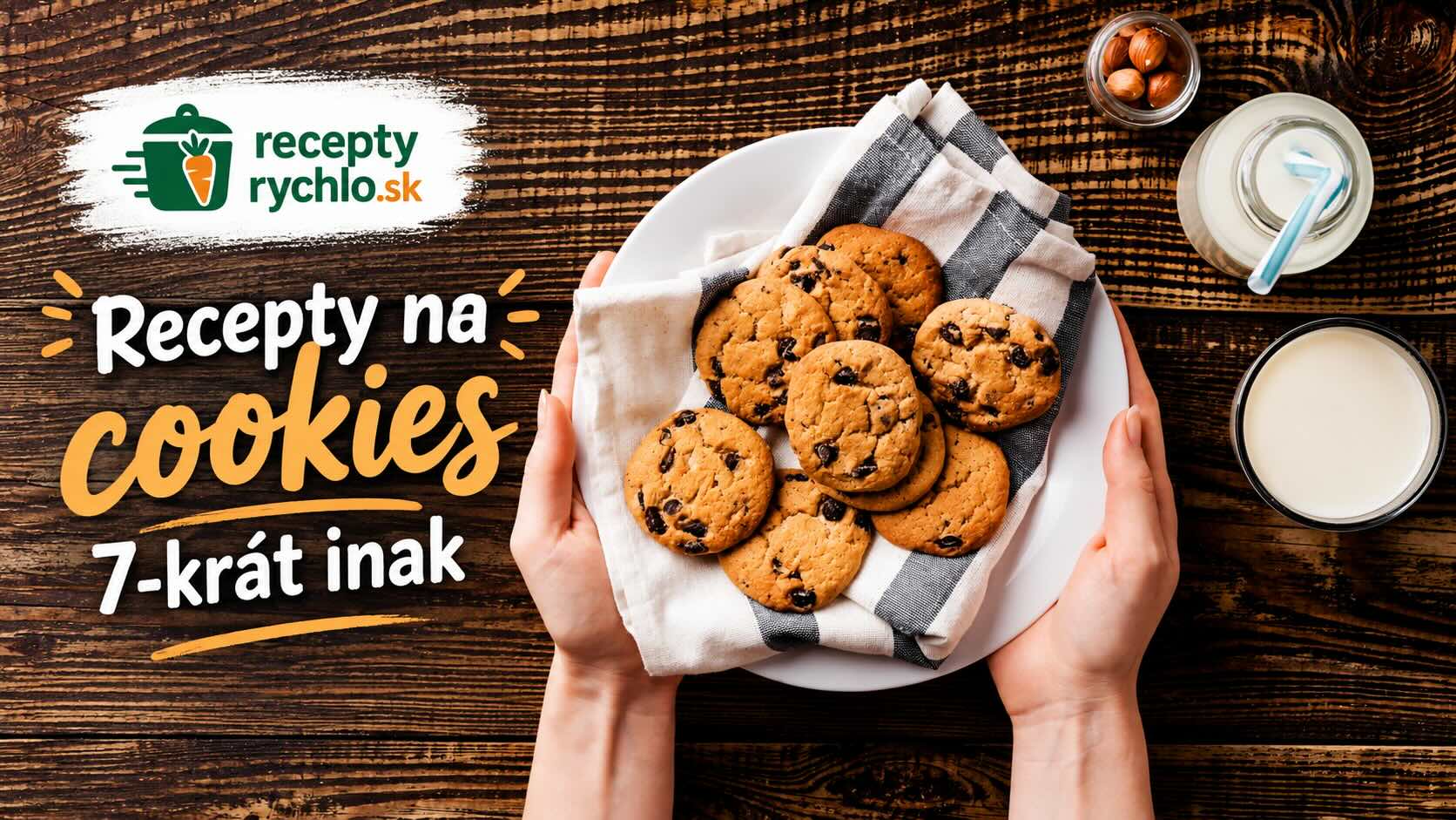 Cookies s čokoládovými kúskami na bielom tanieri vedľa mlieka