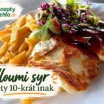 Halloumi syr recepty 10-krát inak: grilovaný, vyprážaný a ďalšie Opečený halloumi syr s hranolkami, šalátom a tmavou omáčkou