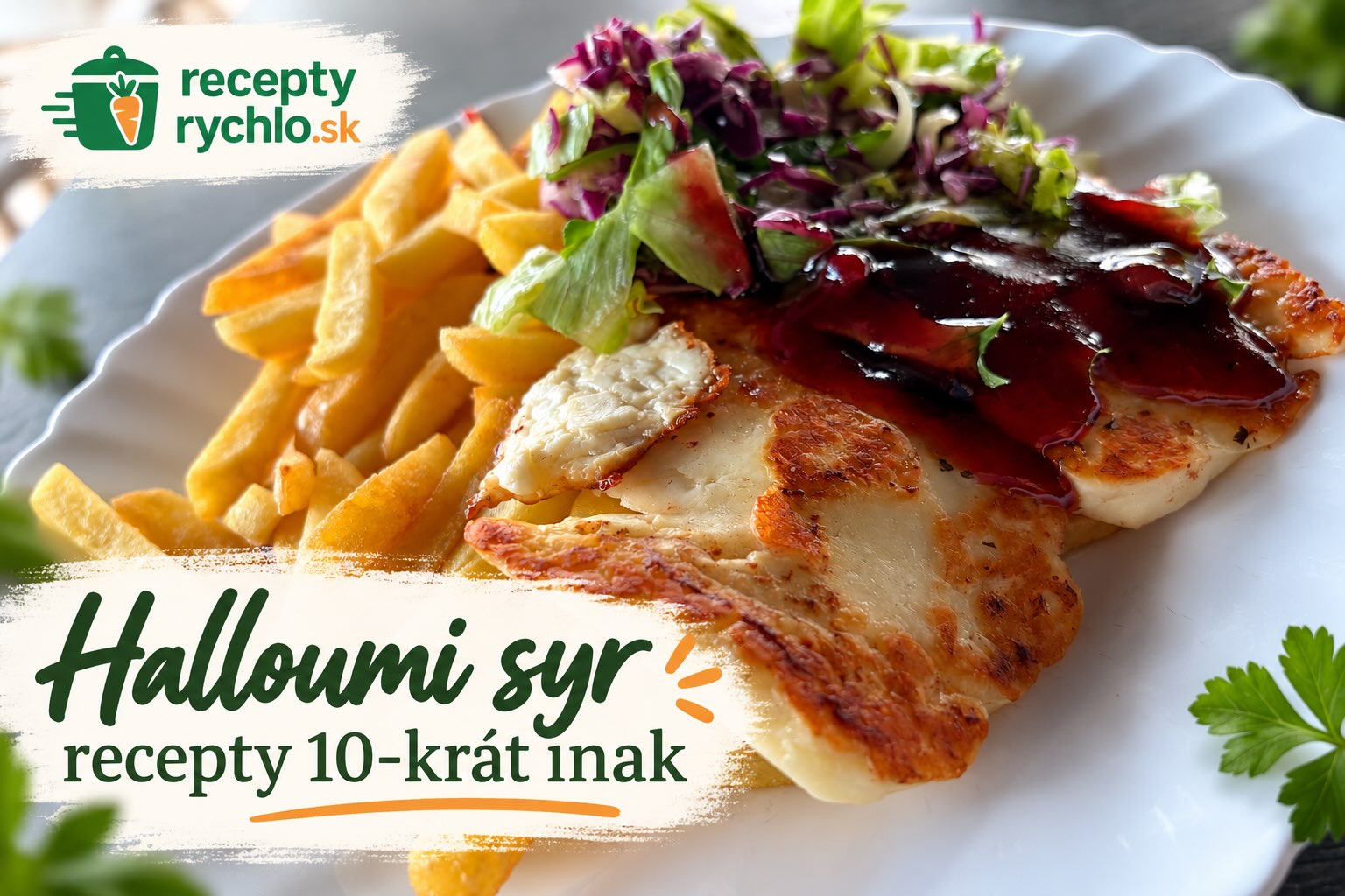 Opečený halloumi syr s hranolkami, šalátom a tmavou omáčkou