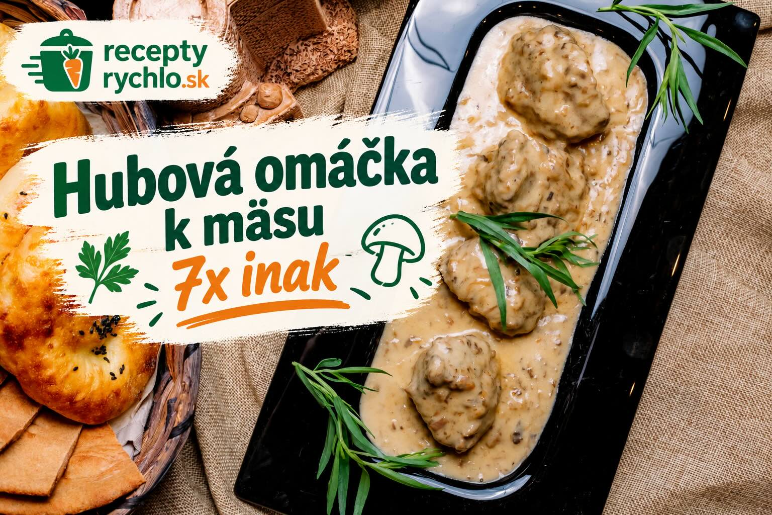 Krémová hubová omáčka s kúskami mäsa na čiernom tanieri