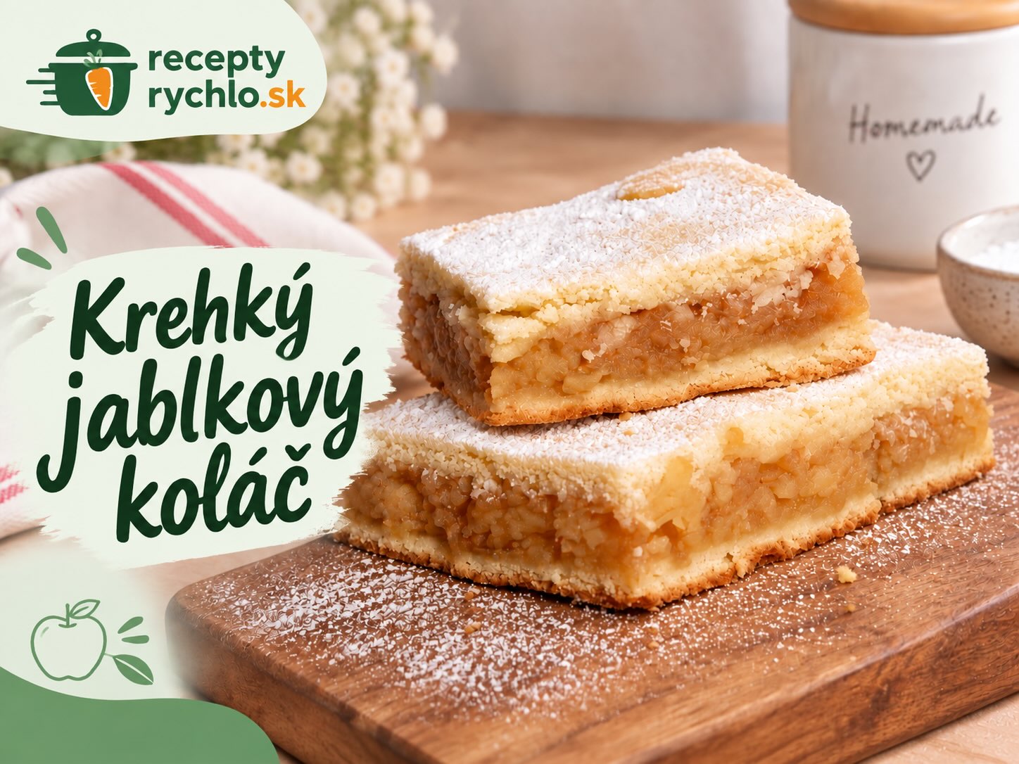 Krehký jablkový koláč s jablkovou náplňou a práškovým cukrom