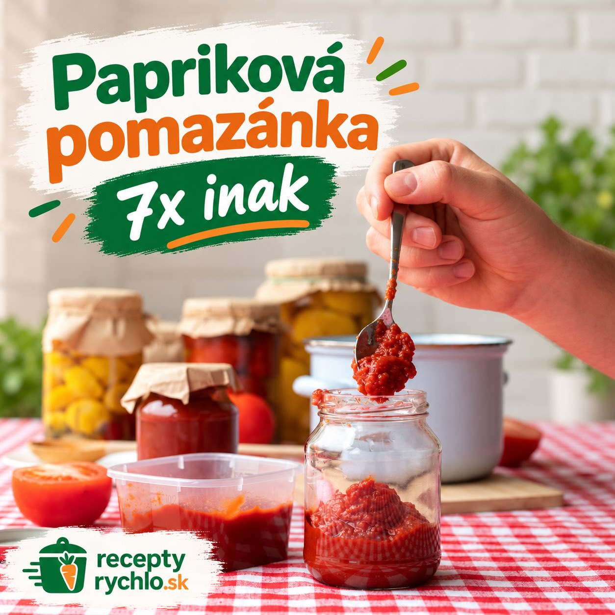 Plnenie skleneného pohára červenou nátierkou, nápis Papriková pomazánka 7x inak